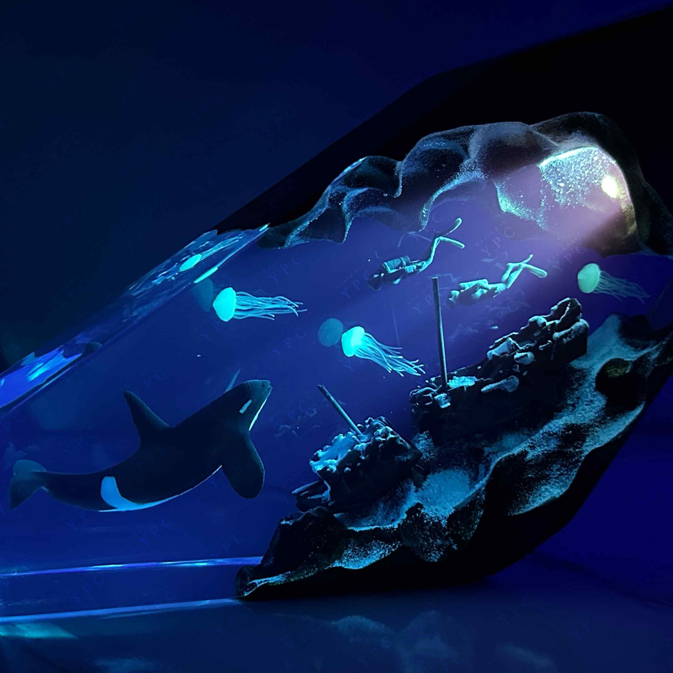 Orca Shipwreck Jellyfish Scuba Diver Resin Wood Night Light