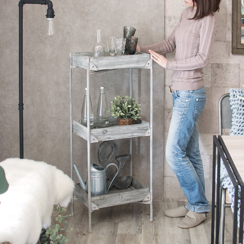 シェルフ 木箱 3段 スチール脚 幅47cm 奥行33cm グレー [91346]【 3段