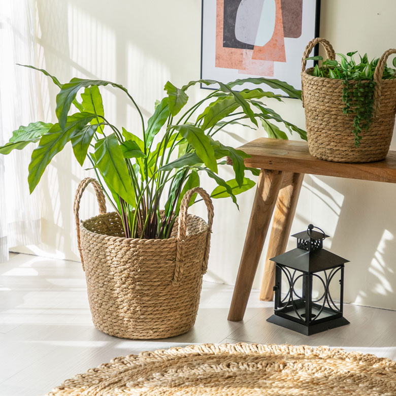 プランターカバー 植木鉢カバー バスケット 持ち手付き ラッシュ製