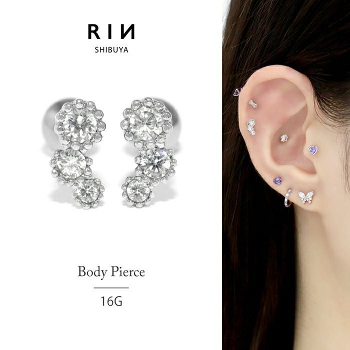 16G 軟骨ピアス 3連ジュエル キュービックジルコニア イヤーフィット
