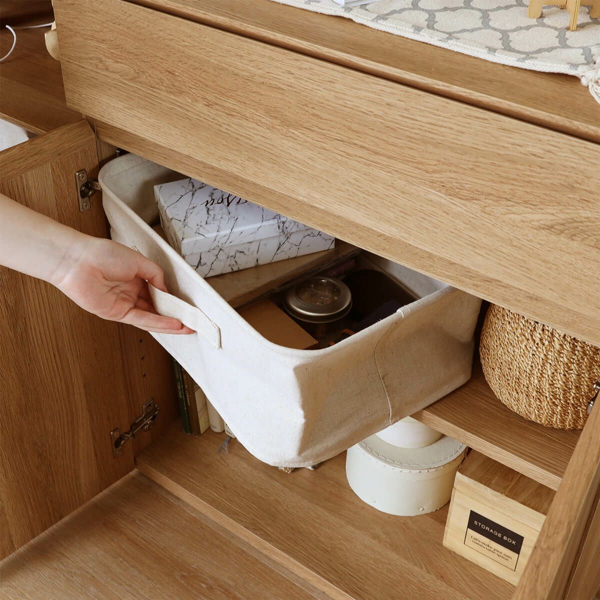 キャビネット 幅60cm 高72cm ナチュラルブラウン 扉付 引出付き