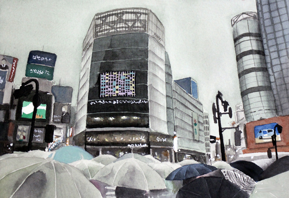 雨の街」という水彩画を描きました 雨が降る都会を描いた絵 ｜ 毎日水彩画