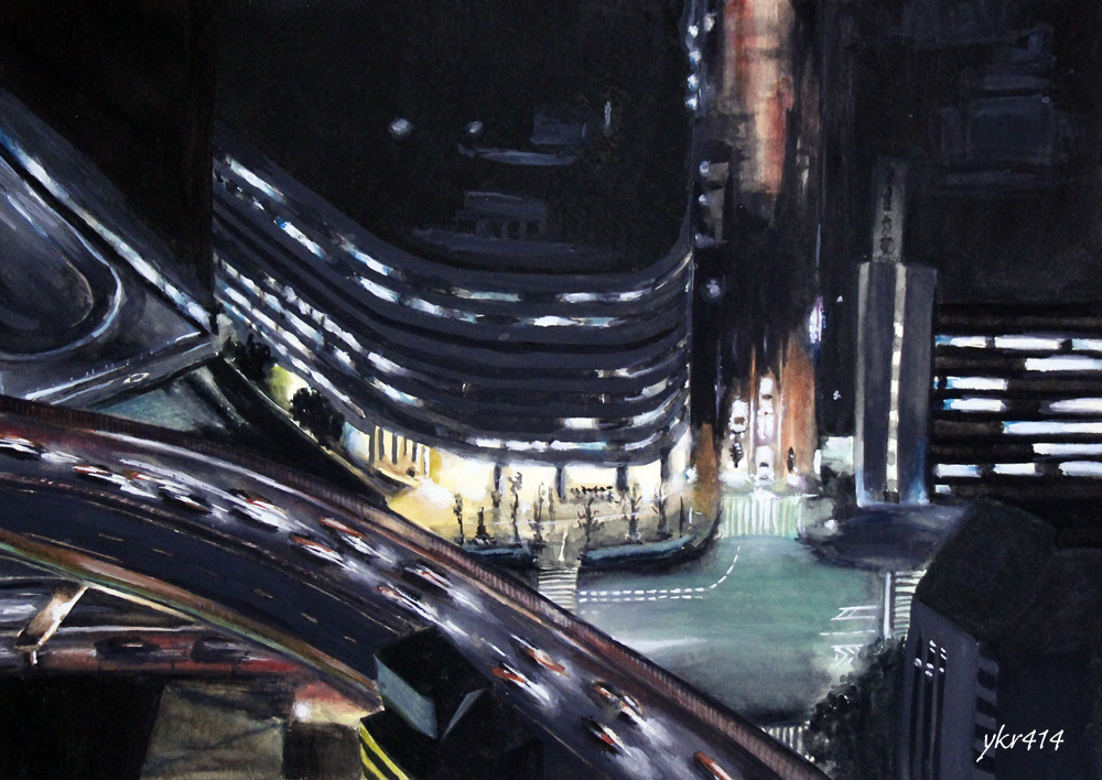 光跡」という水彩画を描きました 都会の夜景を描いた絵 ｜ 毎日水彩画