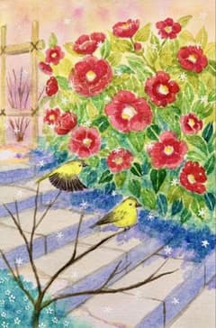 momorin様専用水彩画 椿とマヒワ 値段は※900円です - メルカリ