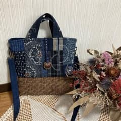 国産山葡萄籠と藍染め古布刺し子2wayショルダーバック手作りリメイク