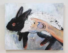 約P10号】float 原画 黒いウサギと手の油彩画 - メルカリ