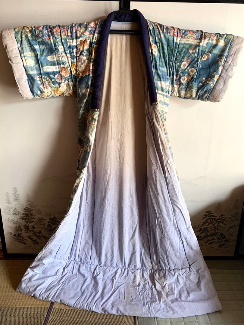 昭和レトロ】 かいまき布団 掻巻 花柄 鮮やか 和模様 ベロア 京都 日本