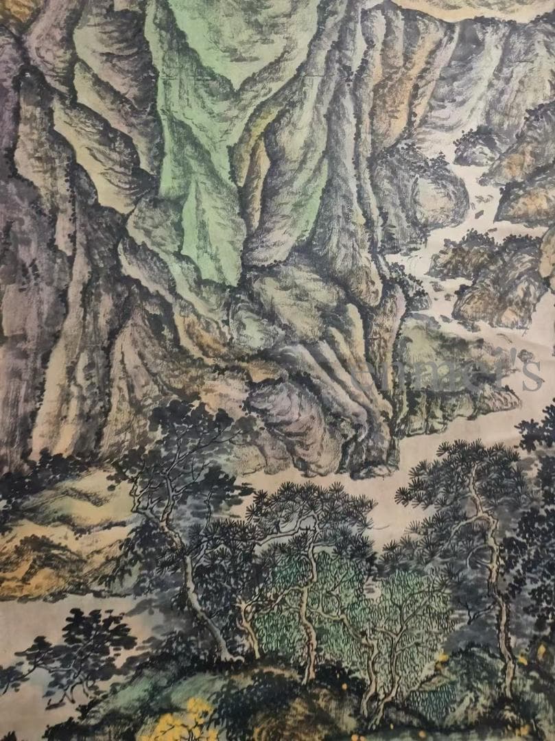 中国古美術 明代 仇英作款 山水風景 宣紙 水墨画 六尺中堂画 掛け軸