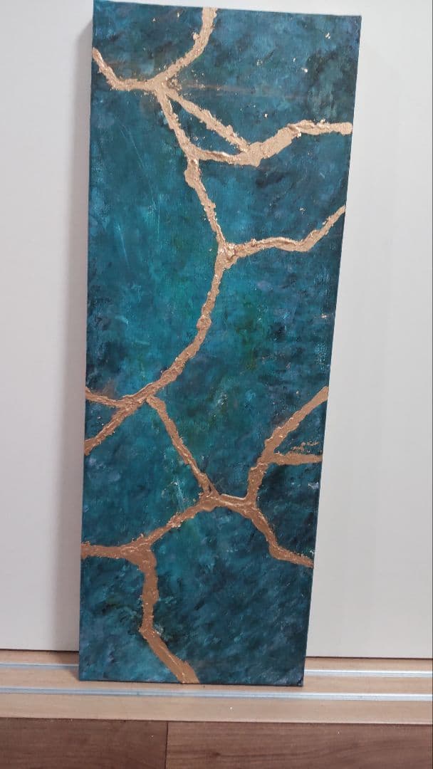 ターコイズとゴールドの抽象画 ターコイズとゴールドの抽象的な海景画：「ブルーの深み」 - Etsy 日本