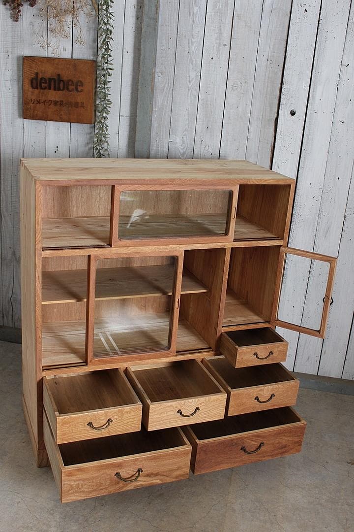 古い木枠のガラス戸棚 木製引き出し6杯 食器棚 本棚 キャビネット 古