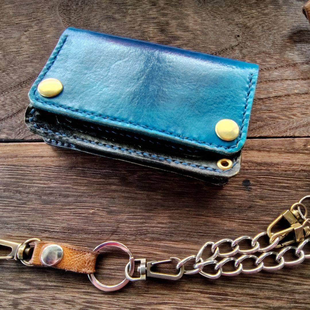 ミドルサイズ トラッカーウォレット 手染め オーシャンブルー×ブラック