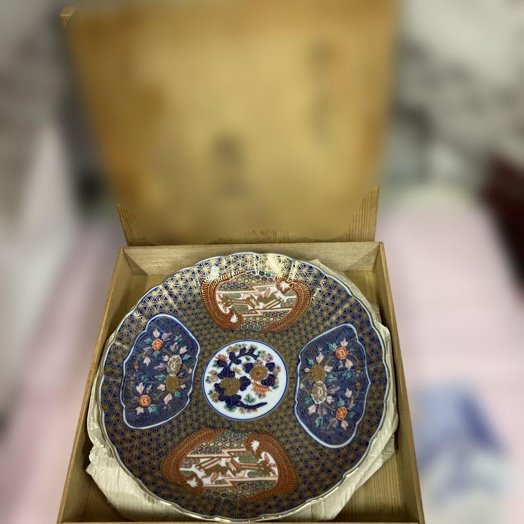 日肥其泉 昭和年生 献上手古伊万里金彩皿 盛皿 大皿 共箱 未使用保管品