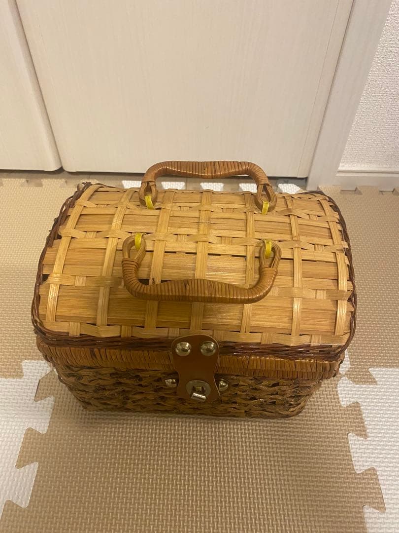 籐 天然竹製ピクニックバスケット 昭和レトロ ラタン調 ブラウン