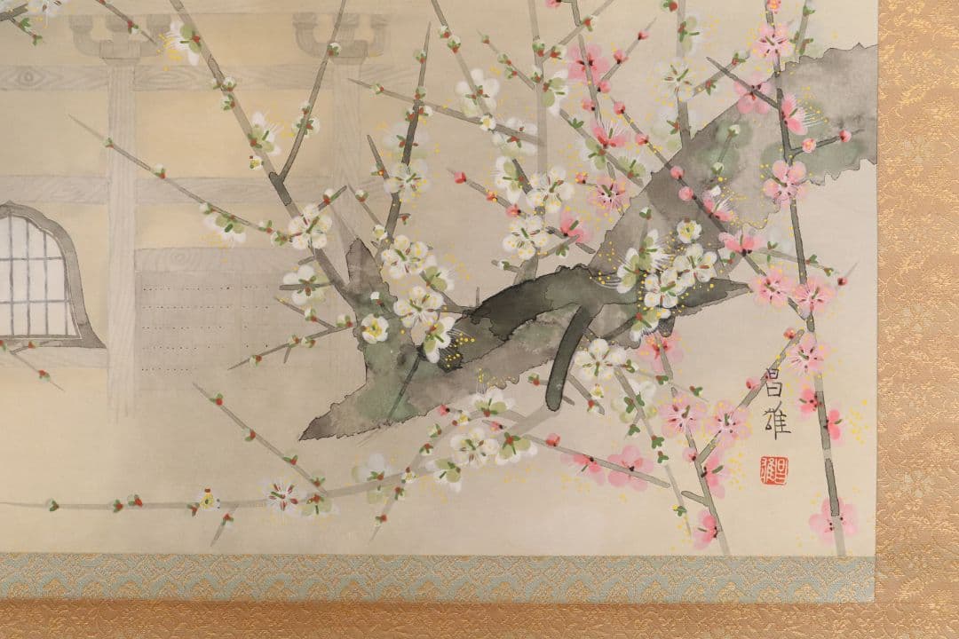 真作】日本画 宮本昌雄「梅の寺」絹本 掛け軸 木箱 横物 MA434 - メルカリ