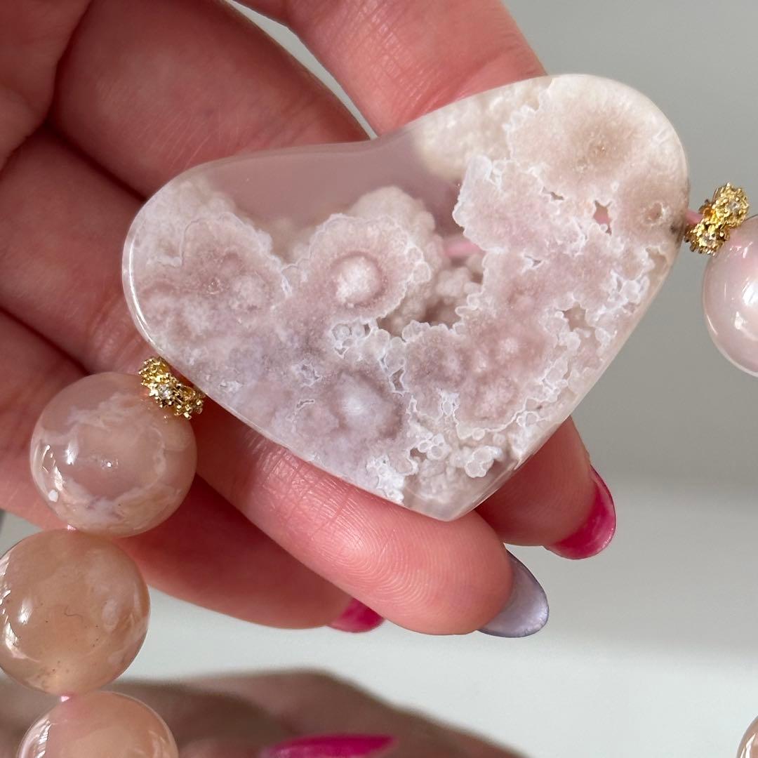 激レア】大きいハートパーツ 桜瑪瑙 大玉 オリジナルブレスレット