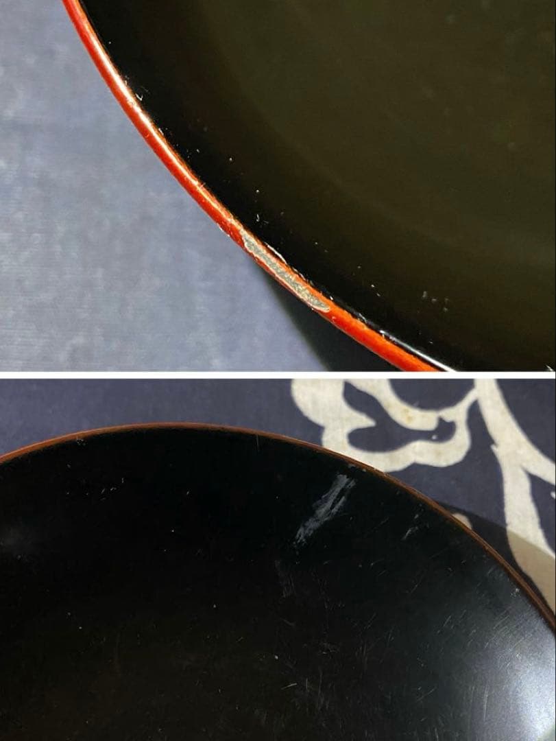 大正時代物骨董 天然木製漆器椀 梅柄金蒔絵・螺鈿 外朱内黒