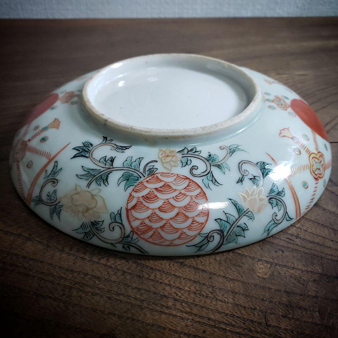 古伊万里 色絵付 中皿 赤絵 薄緑 草文様 希少図 トリアシ ロ号